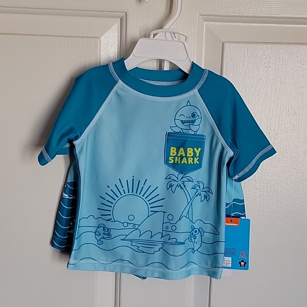 Baby Shark, boys 12 months 2-piece set swim shirt and trunks, aqua. NWT.